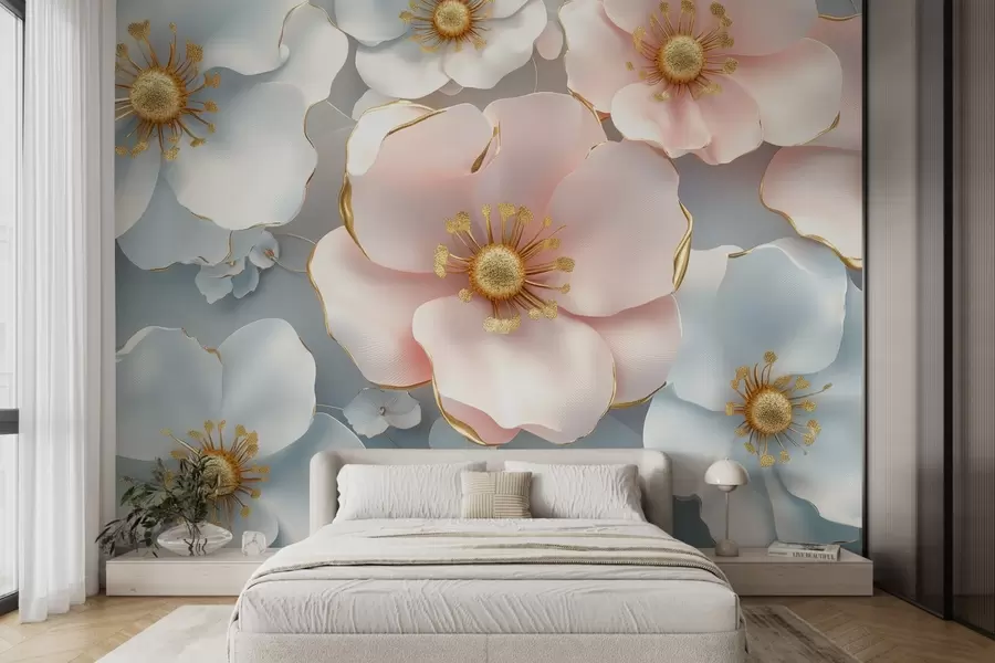 murales de pared Flores abstractas azules y rosas con acentos sobre un fondo elegante en colores suaves w01855