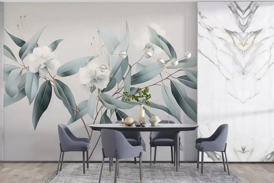 murales de pared Flores de algodón, naturaleza, dibujo acrílico, colores grises suaves w01884