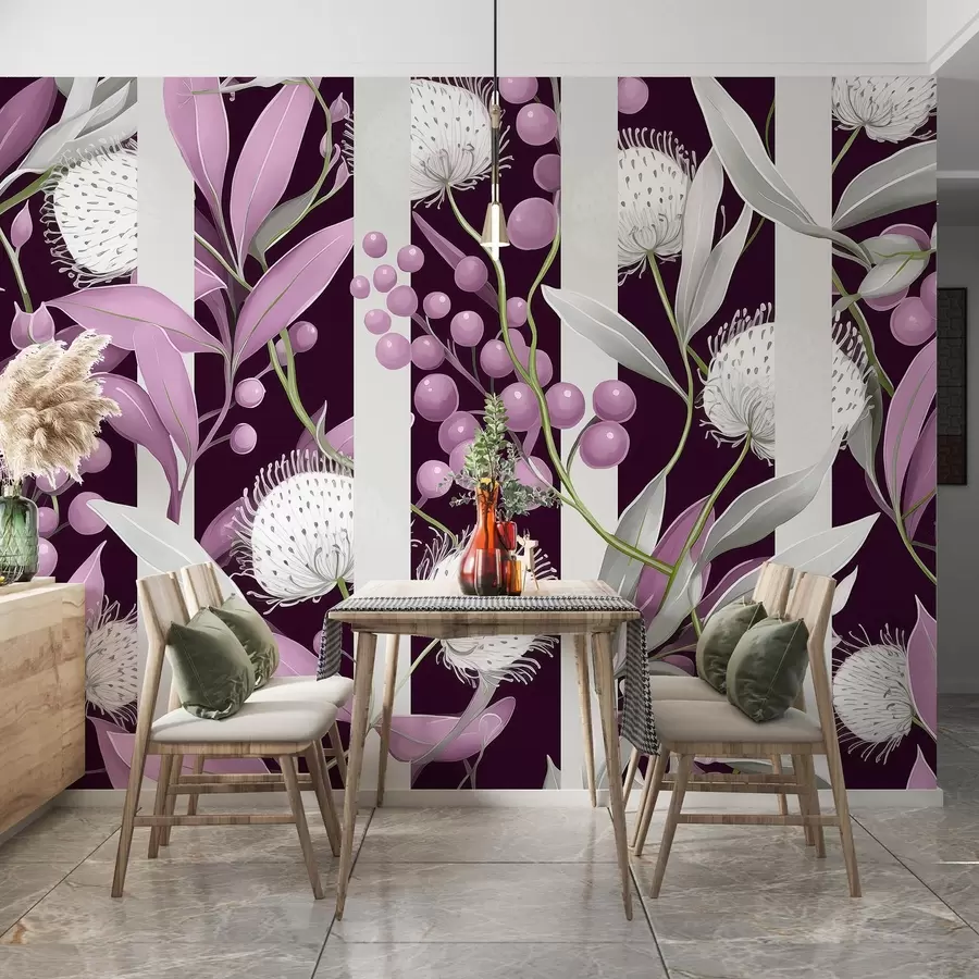 murales de pared Adorno de flores con bayas silvestres, vintage, colores rosa y verde w01886v1