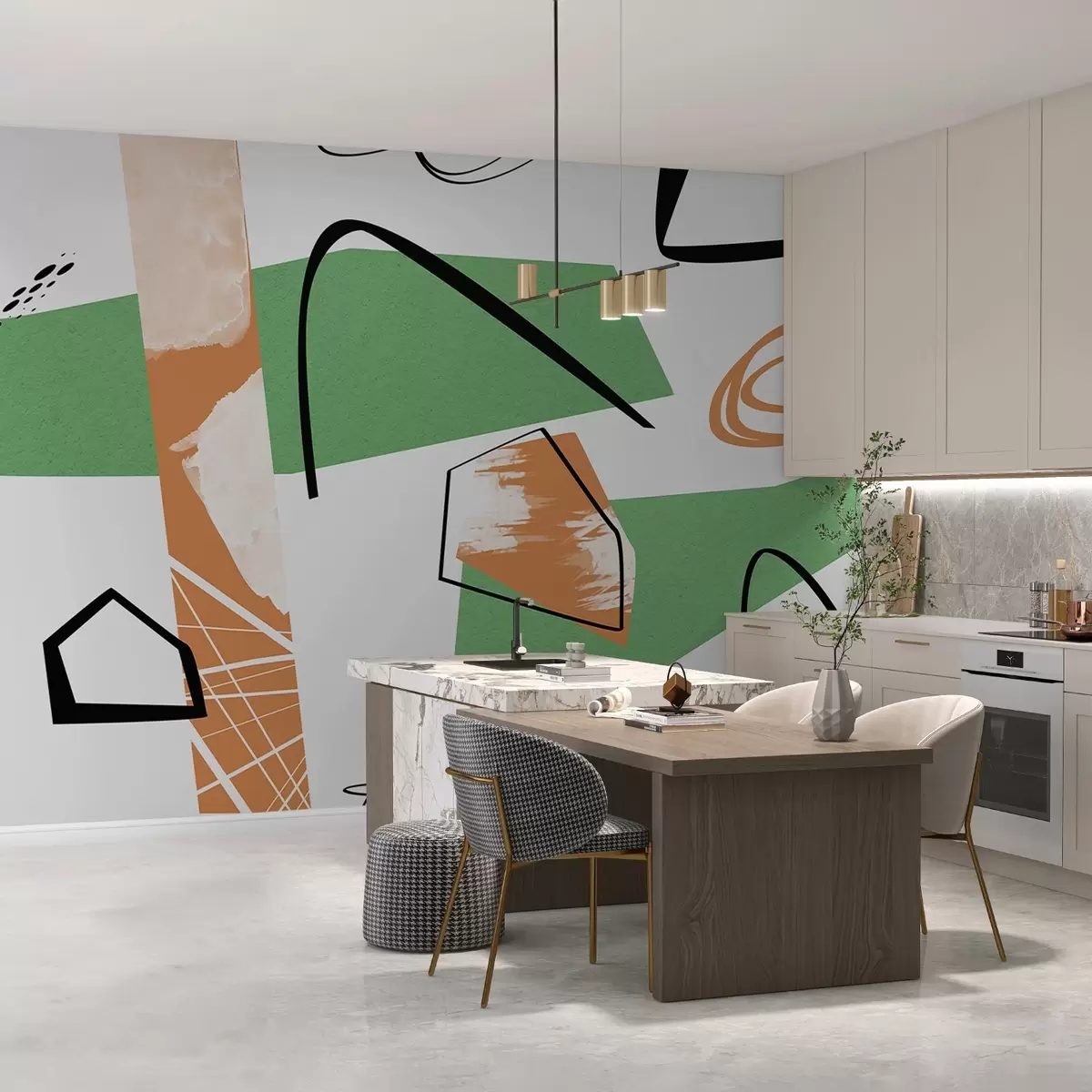 murales de pared Abstracción geométrica con elementos de textura, color naranja, verde w01943v2