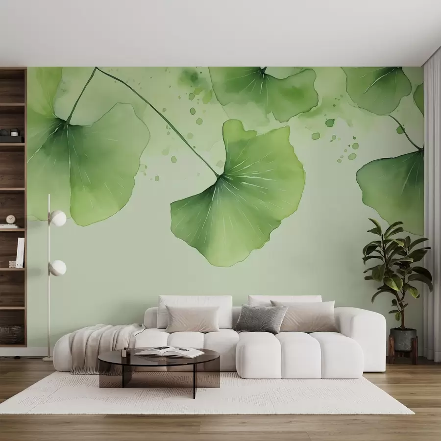 murales de pared Hojas de ginkgo en estilo acuarela húmeda difuminada, color verde w01944