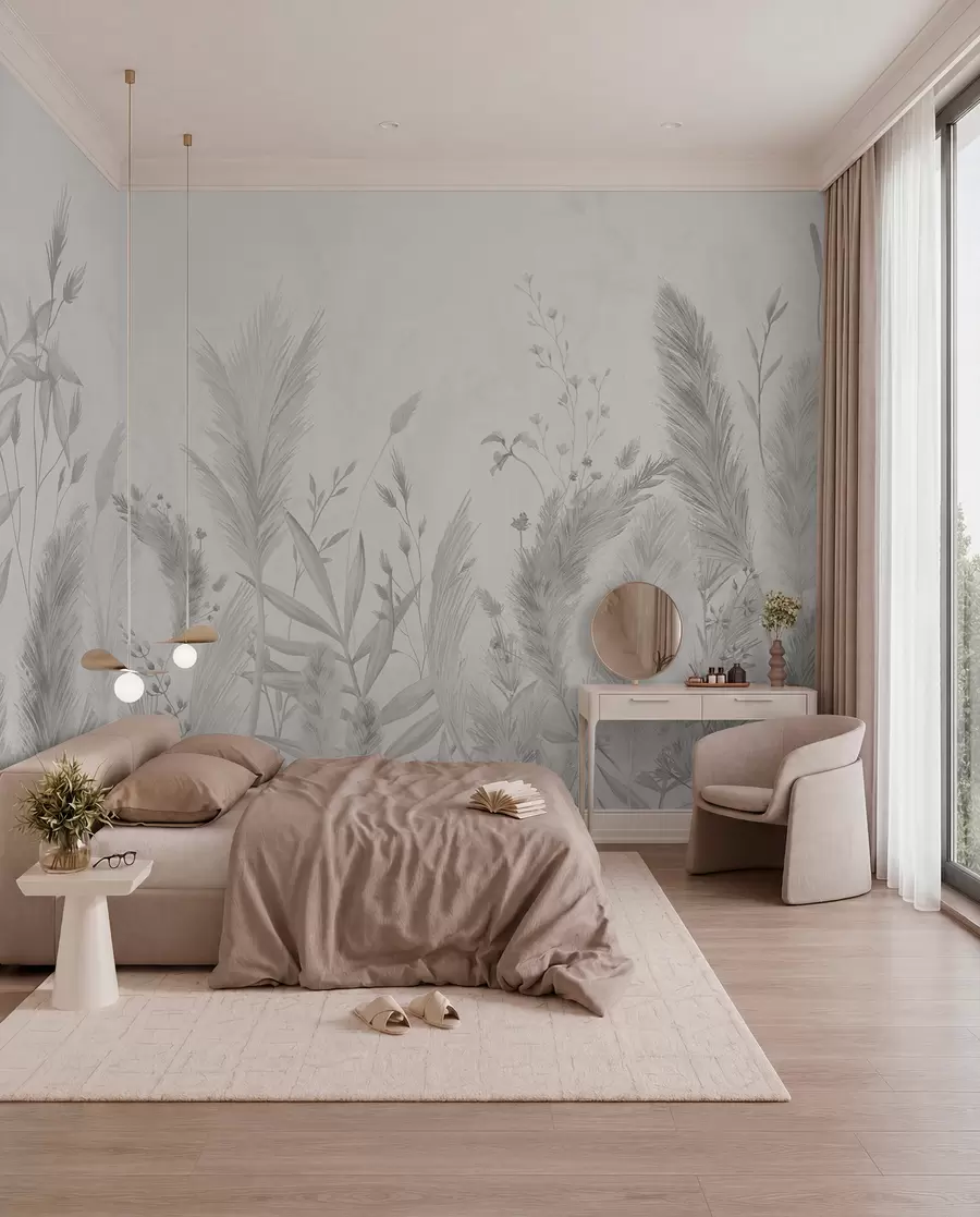 murales de pared Hierbas altas y flores de colores neutros w02004