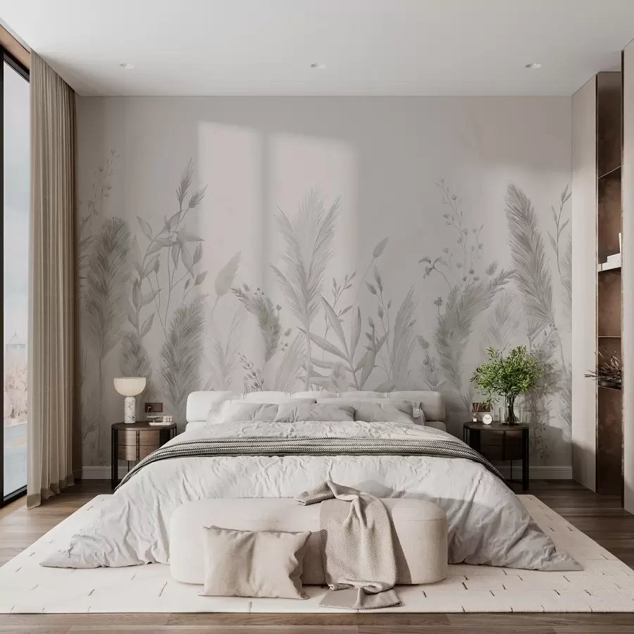 murales de pared Hierbas altas y flores de colores neutros w02004