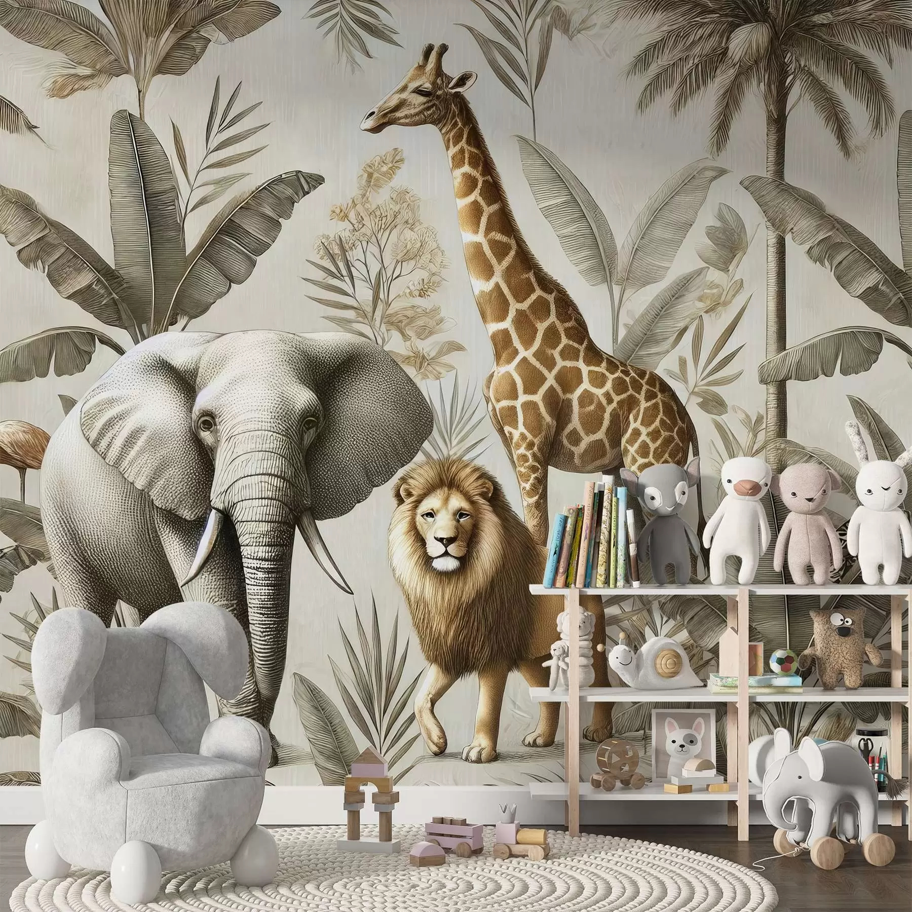 murales de pared Papel pintado infantil Safari con paisaje tropical y varios animales en elegantes colores w01956