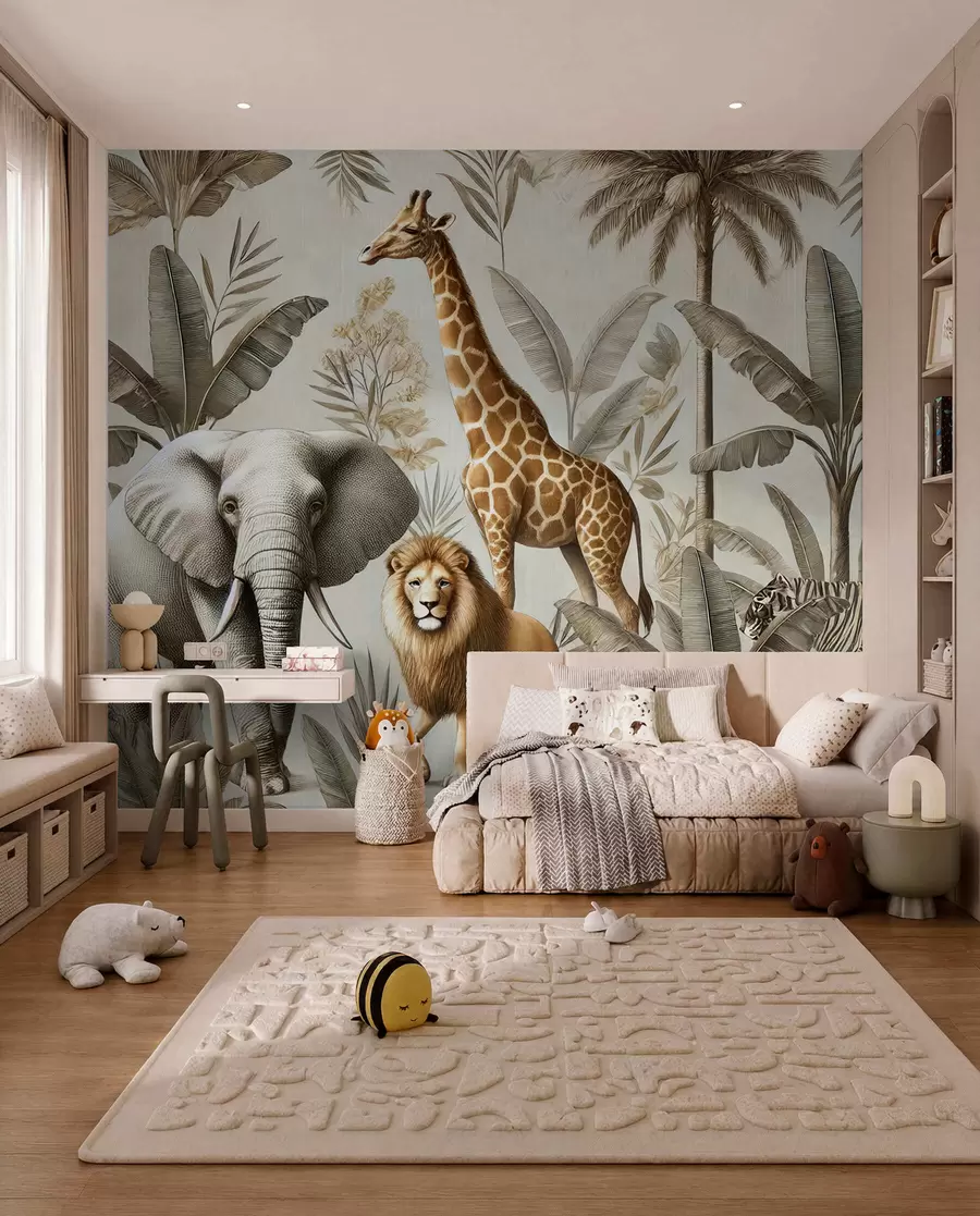 murales de pared Papel pintado infantil Safari con paisaje tropical y varios animales en elegantes colores w01956