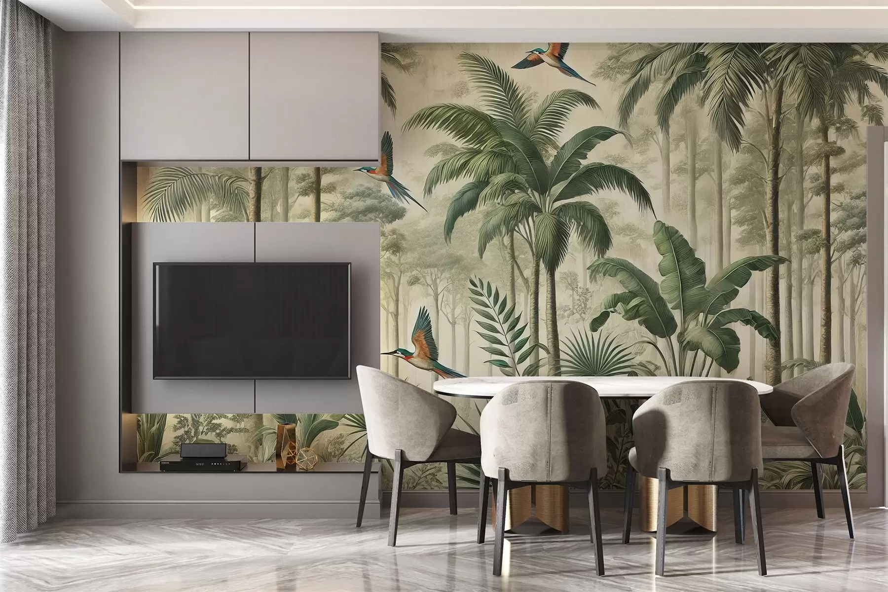 murales de pared Panorama con paisaje tropical y aves w01957