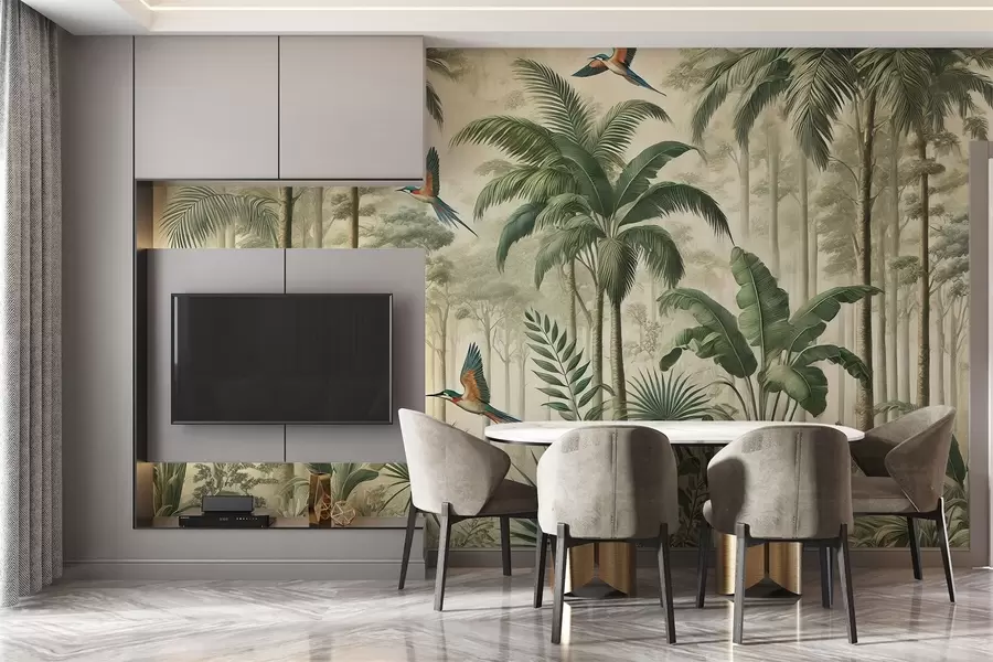 murales de pared Panorama con paisaje tropical y aves w01957