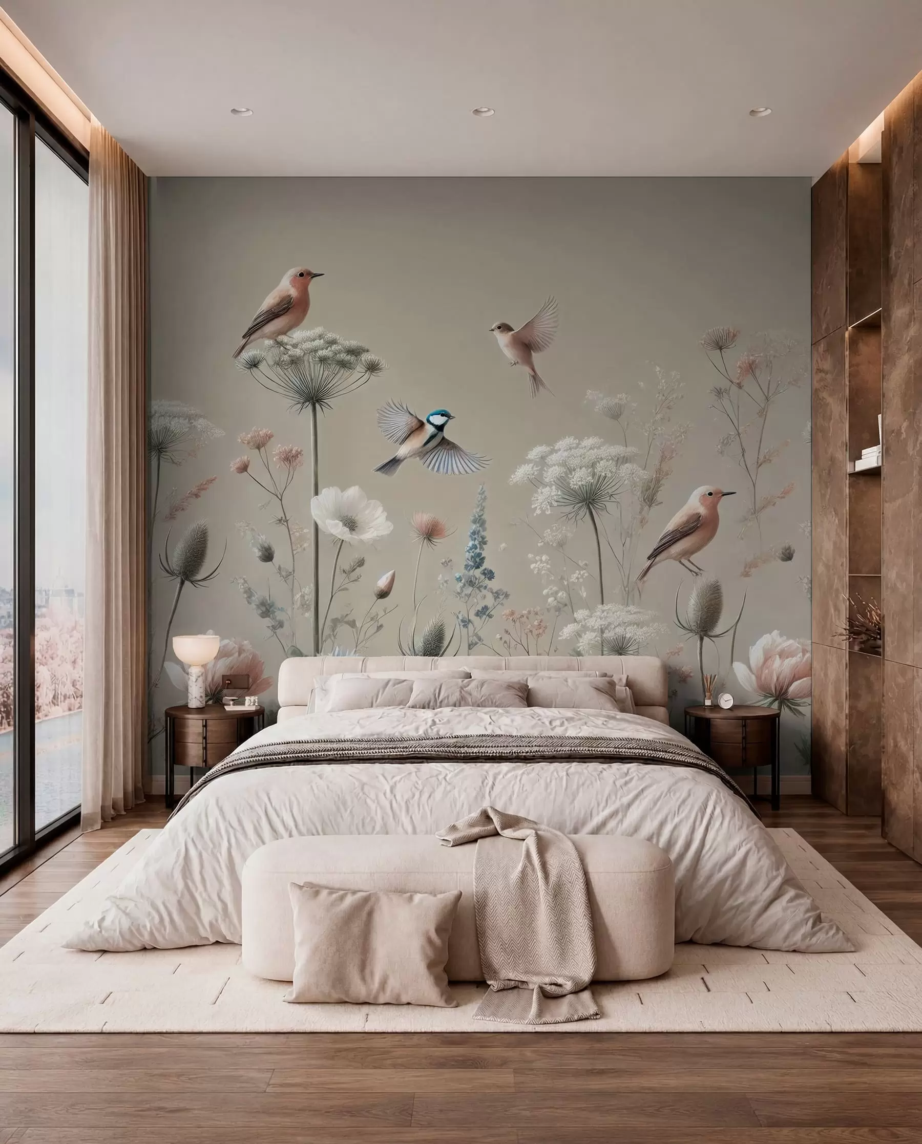 murales de pared Aves de pradera en beige suave w01958