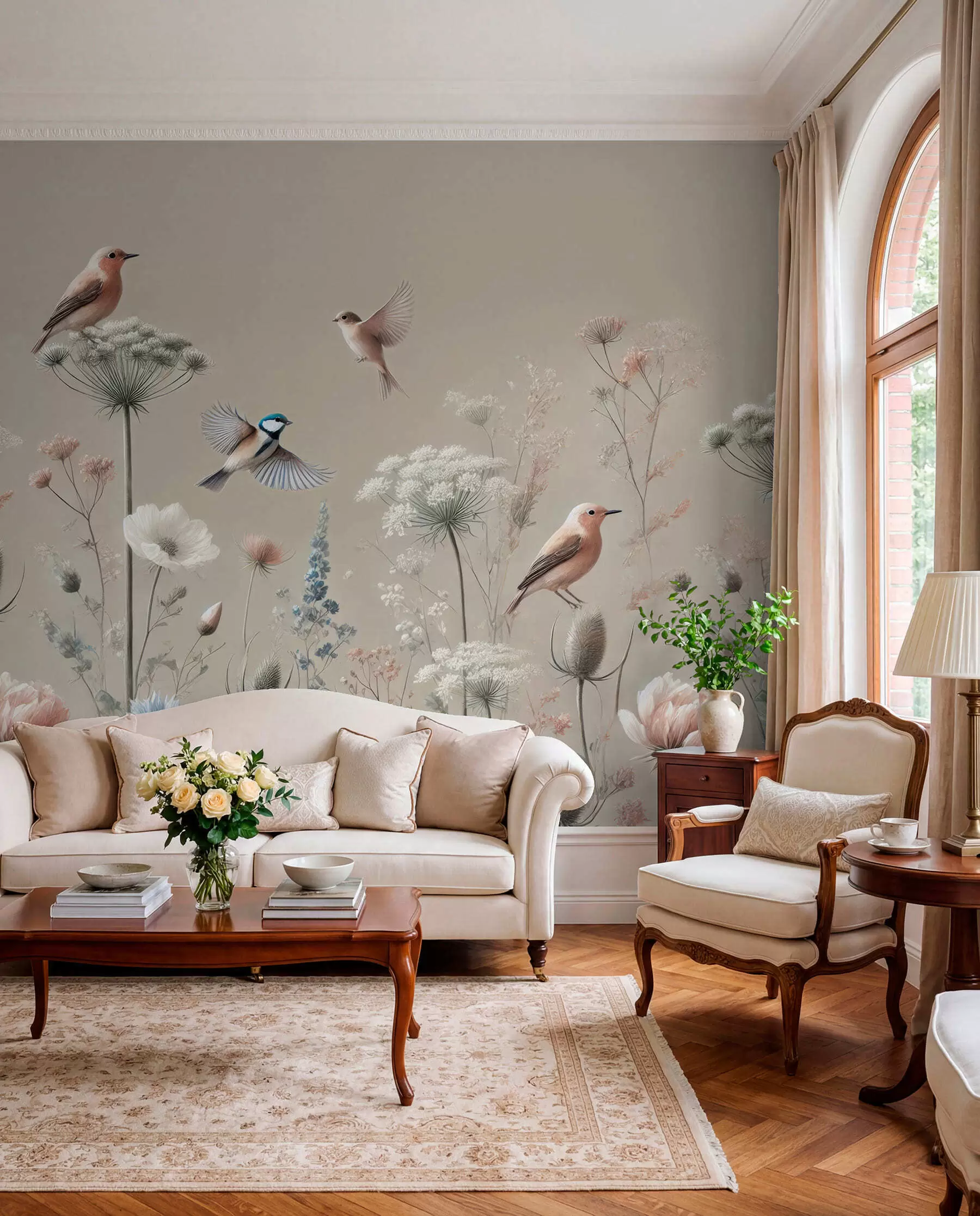 murales de pared Aves de pradera en beige suave w01958