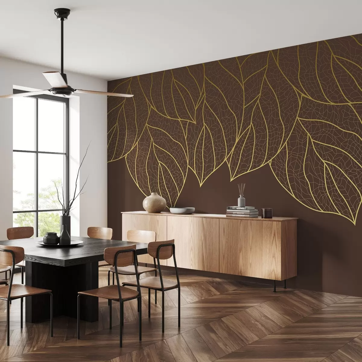 murales de pared Papel pintado minimalista con siluetas de grandes hojas amarillas veteadas sobre fondo marrón claro  w01960v1