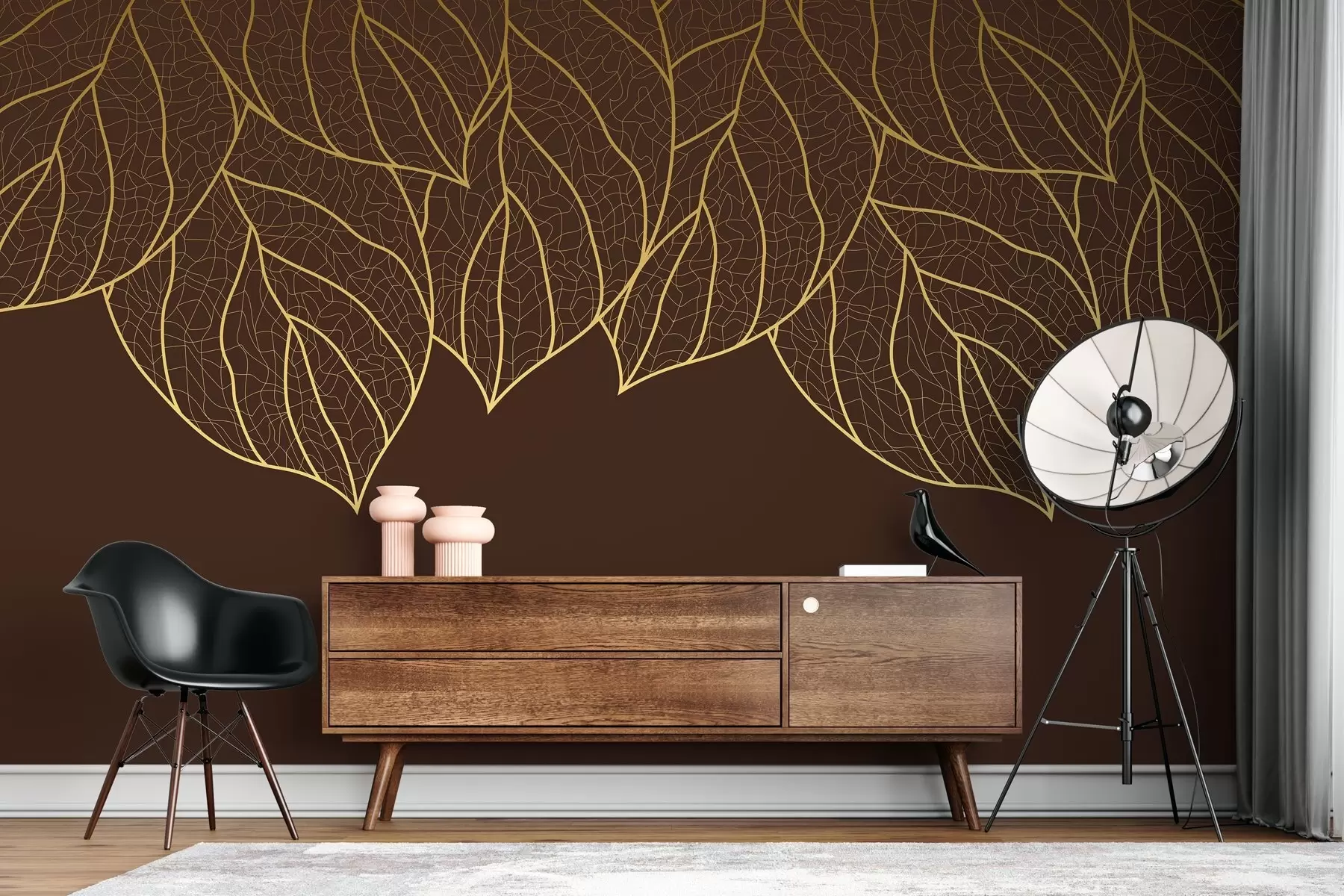 murales de pared Papel pintado minimalista con siluetas de grandes hojas amarillas veteadas sobre fondo chocolate  w01960v2