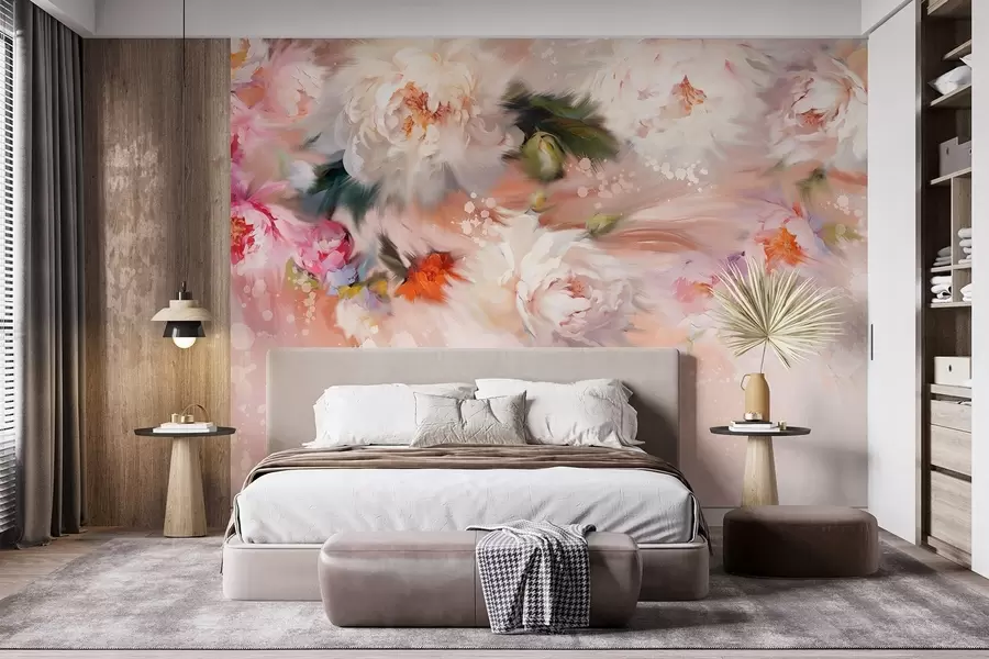 murales de pared Peonías acrílicas, pinceladas, floral, colores pastel suaves w02021