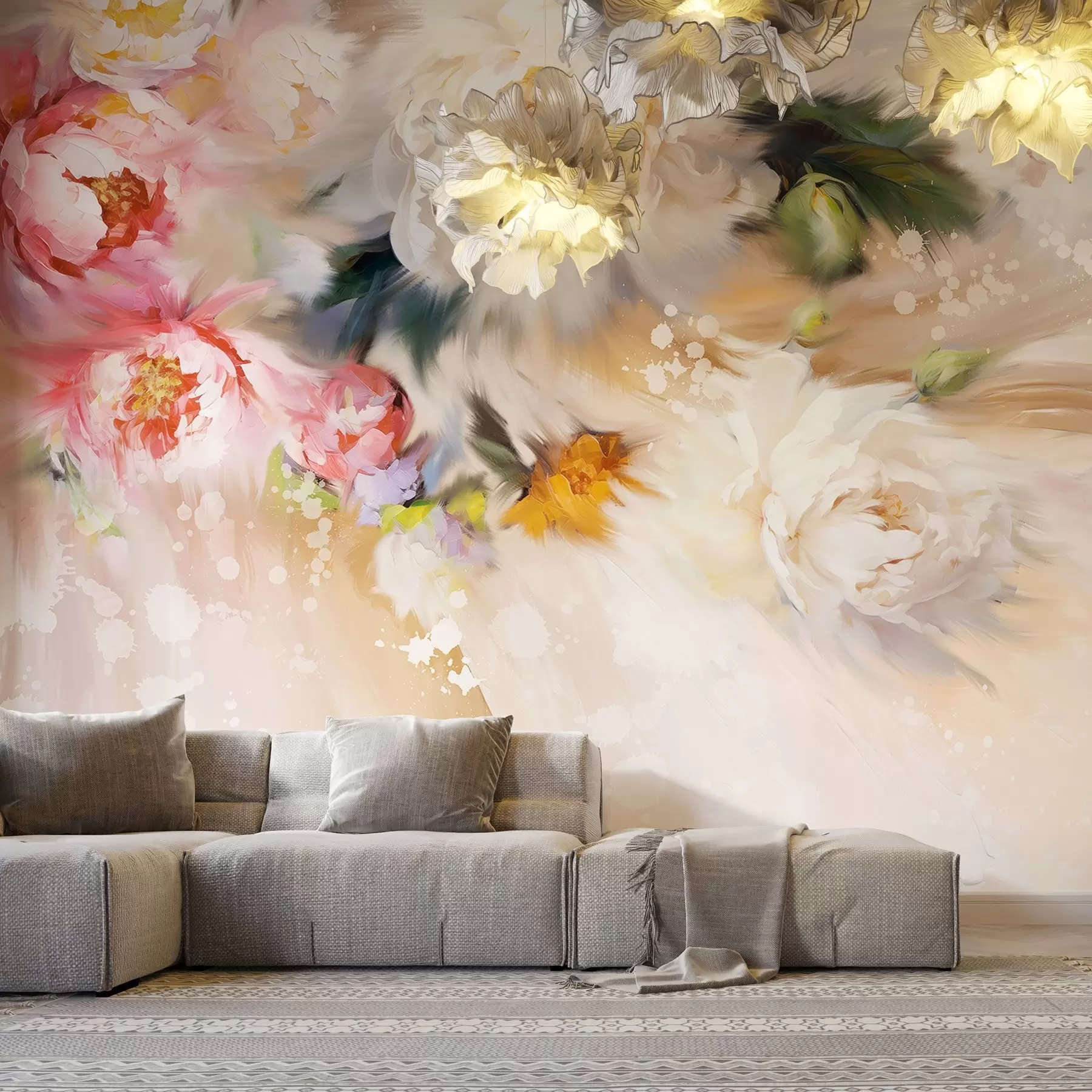 murales de pared Peonías acrílicas, pinceladas, floral, colores beige pastel suave w02021v2