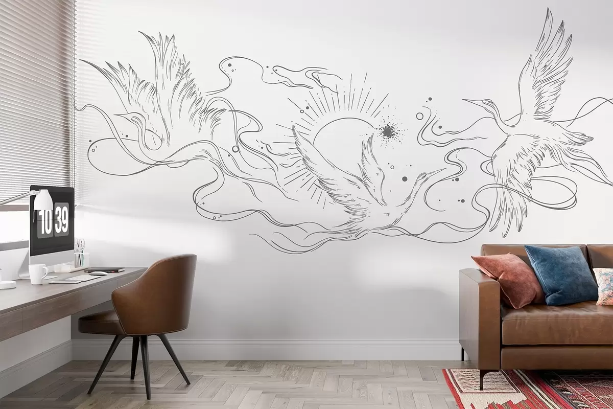 murales de pared Pájaros voladores, dibujo lineal, minimalismo, paleta de colores grises w02022v2