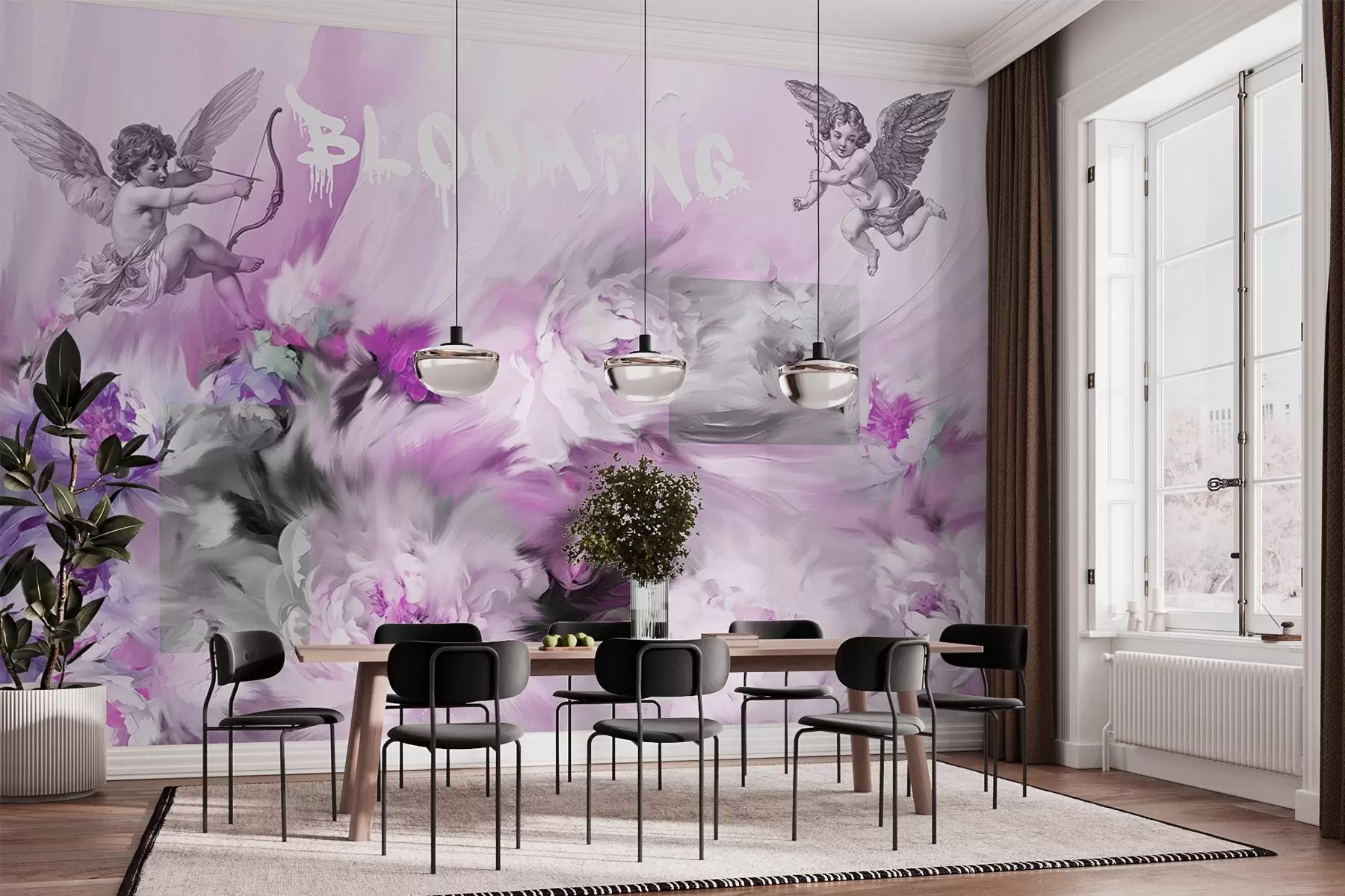 murales de pared Flores florecientes, peonías, pequeños Cupidos con flechas, arte acrílico, colores violetas w02023v2