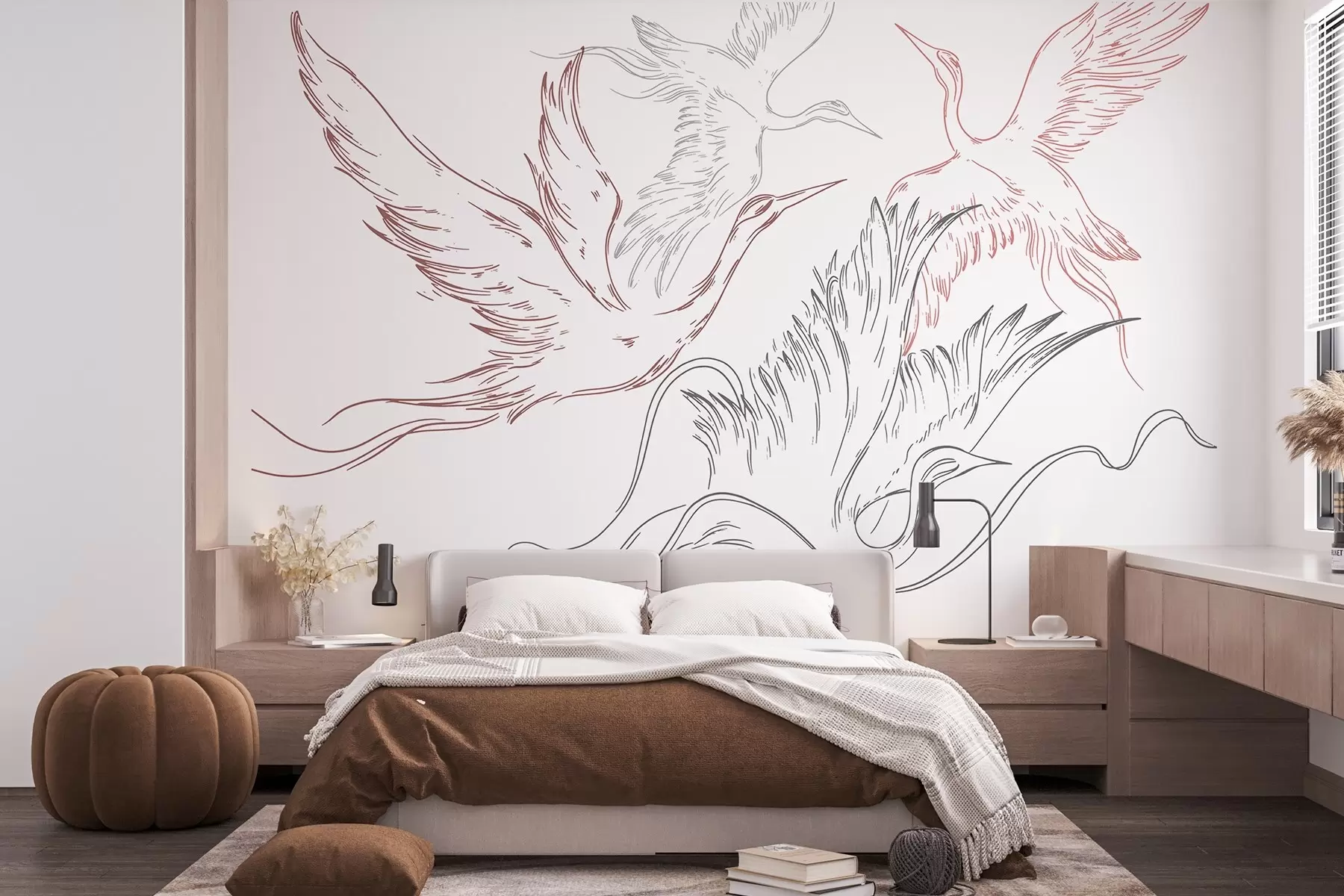 murales de pared Pájaros volando, minimalismo, arte lineal, naturaleza, colores gris y rojo w02061v1