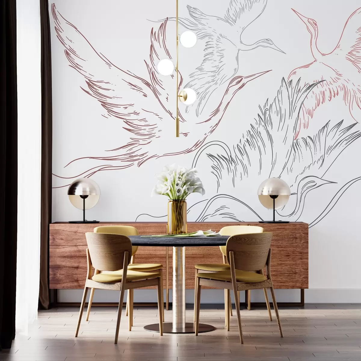 murales de pared Pájaros volando, minimalismo, arte lineal, naturaleza, colores gris y rojo w02061v1