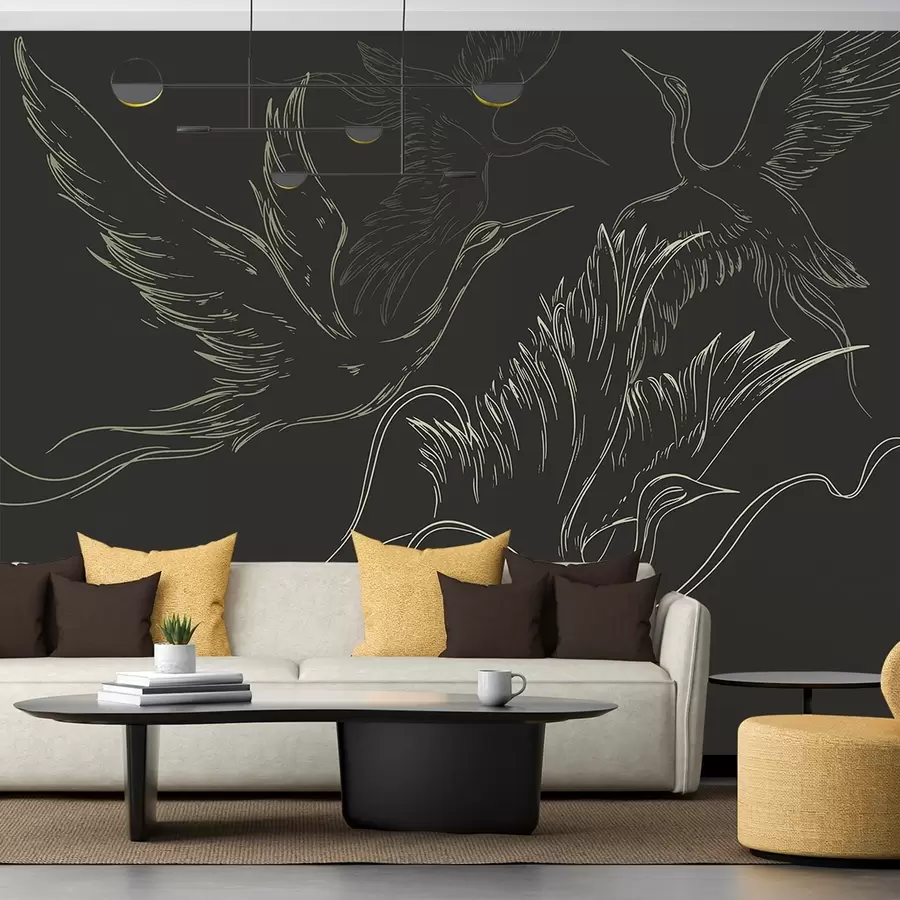 murales de pared Pájaros volando, minimalismo, arte lineal, naturaleza, fondo oscuro w02061v3