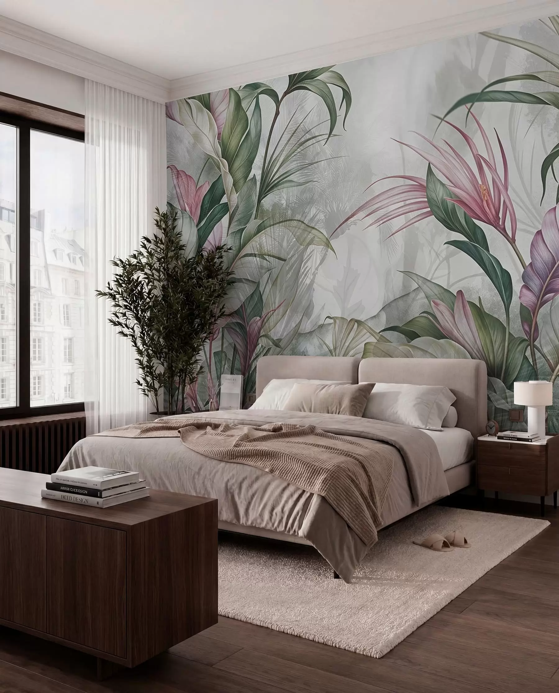 murales de pared Follaje rosa y verde w08375
