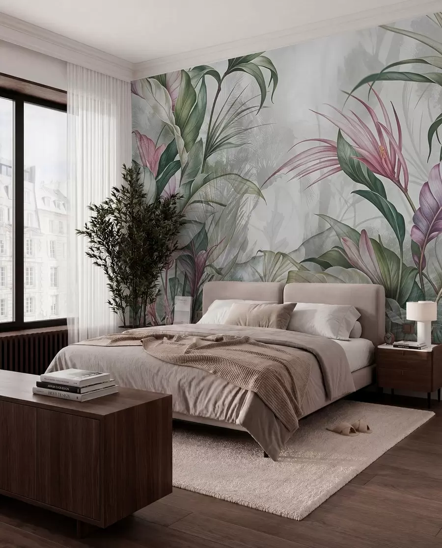 murales de pared Selva tropical con grandes hojas verdes y flores de protea rosa con fondo borroso texturizado w08375