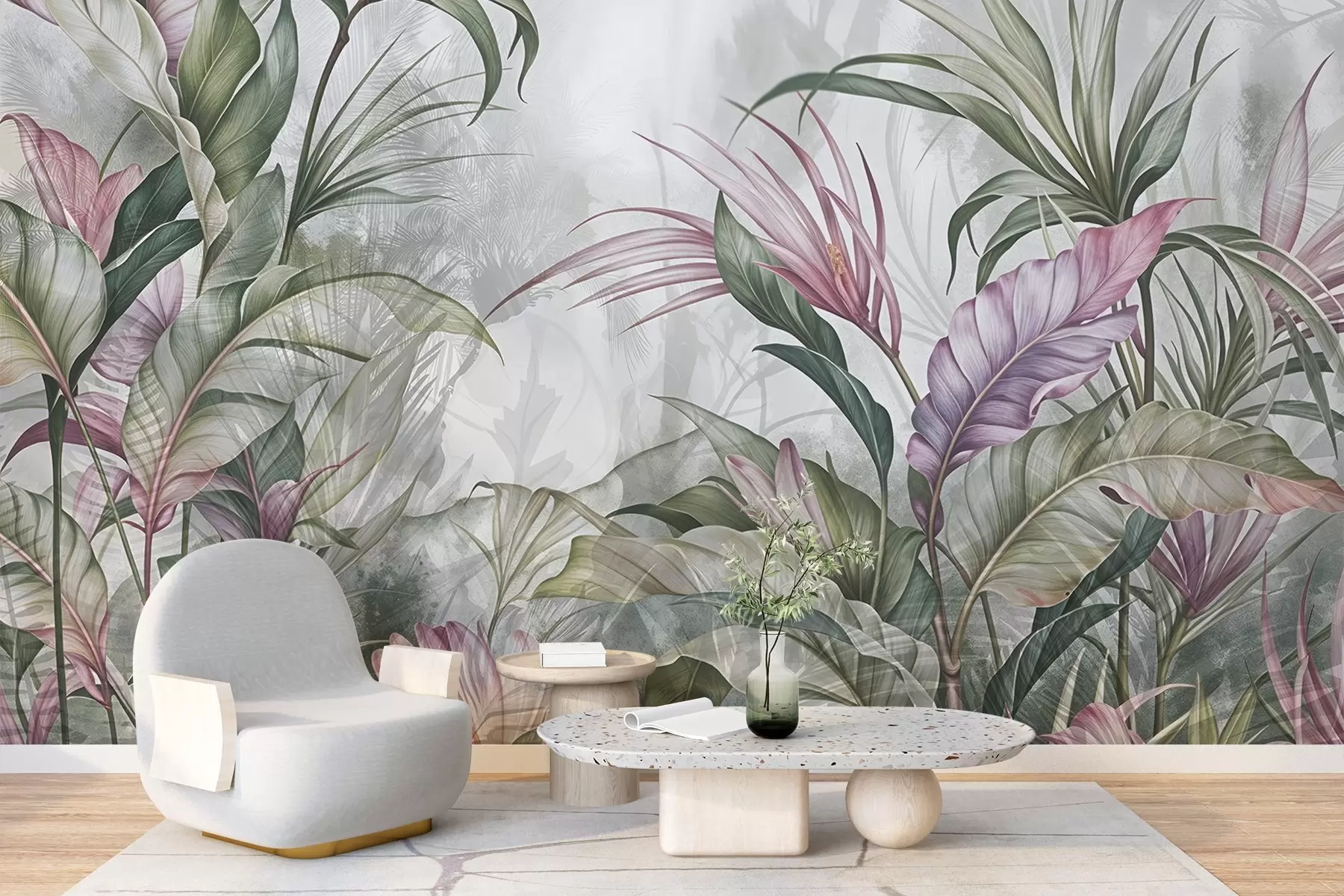 murales de pared Selva tropical con grandes hojas verdes y flores de protea rosa con fondo borroso texturizado w08375