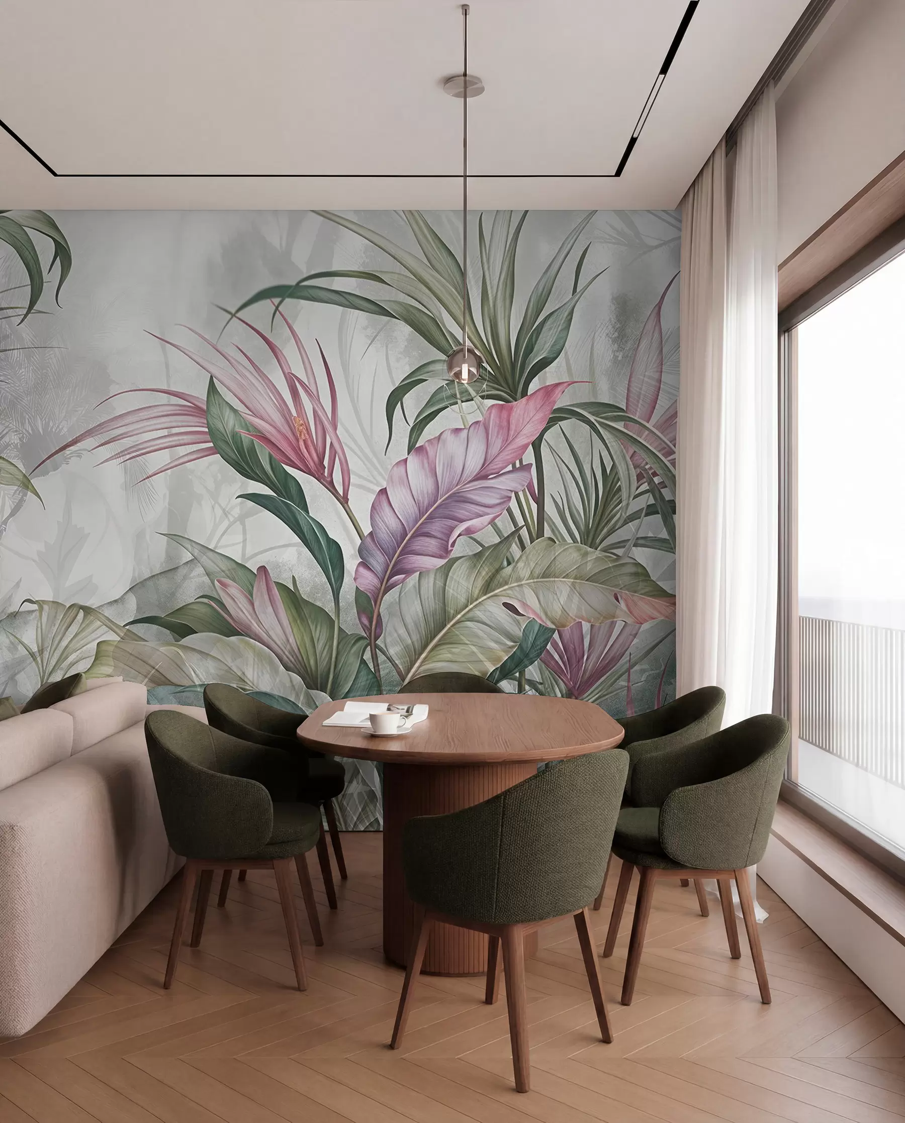 murales de pared Follaje rosa y verde w08375