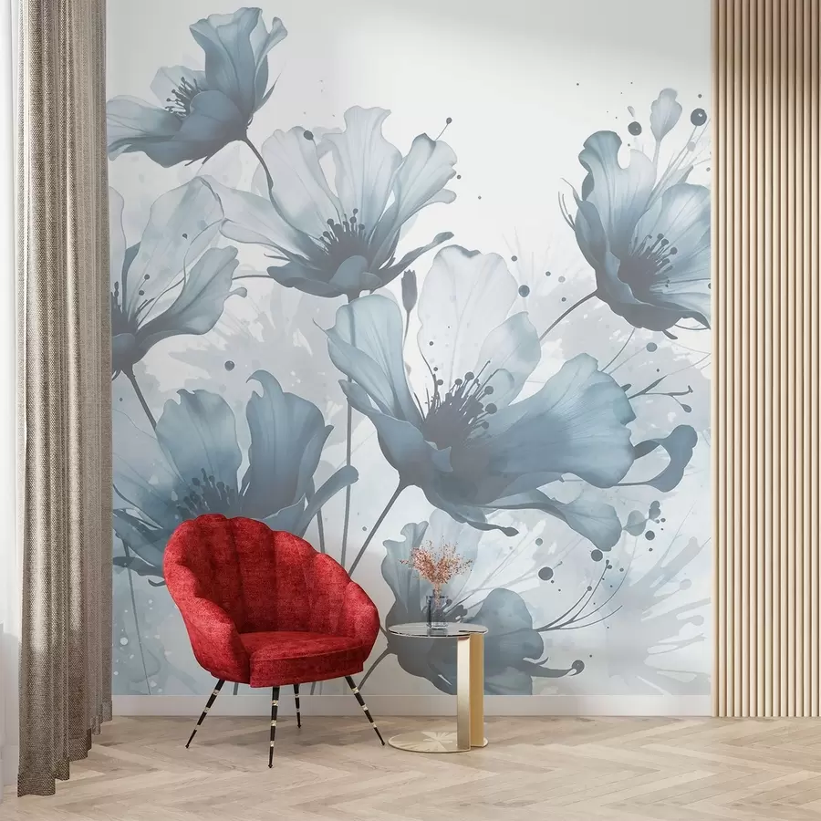 murales de pared Delicadas flores azules con suaves pétalos difuminados y salpicaduras de acuarela sobre un fondo claro w08376