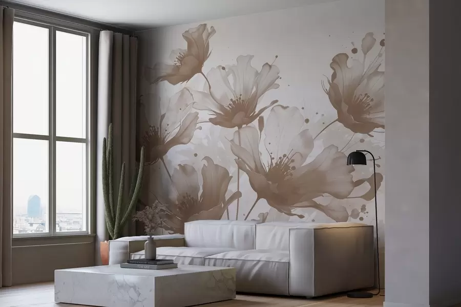 murales de pared Delicadas flores marrones con pétalos suaves y difuminados y salpicaduras de acuarela sobre un fondo claro w08376v1