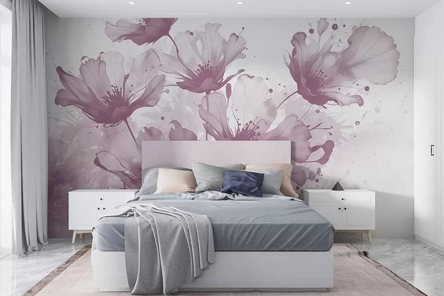 murales de pared Delicadas flores rosas con pétalos suaves y difuminados y salpicaduras de acuarela sobre un fondo claro w08376v2