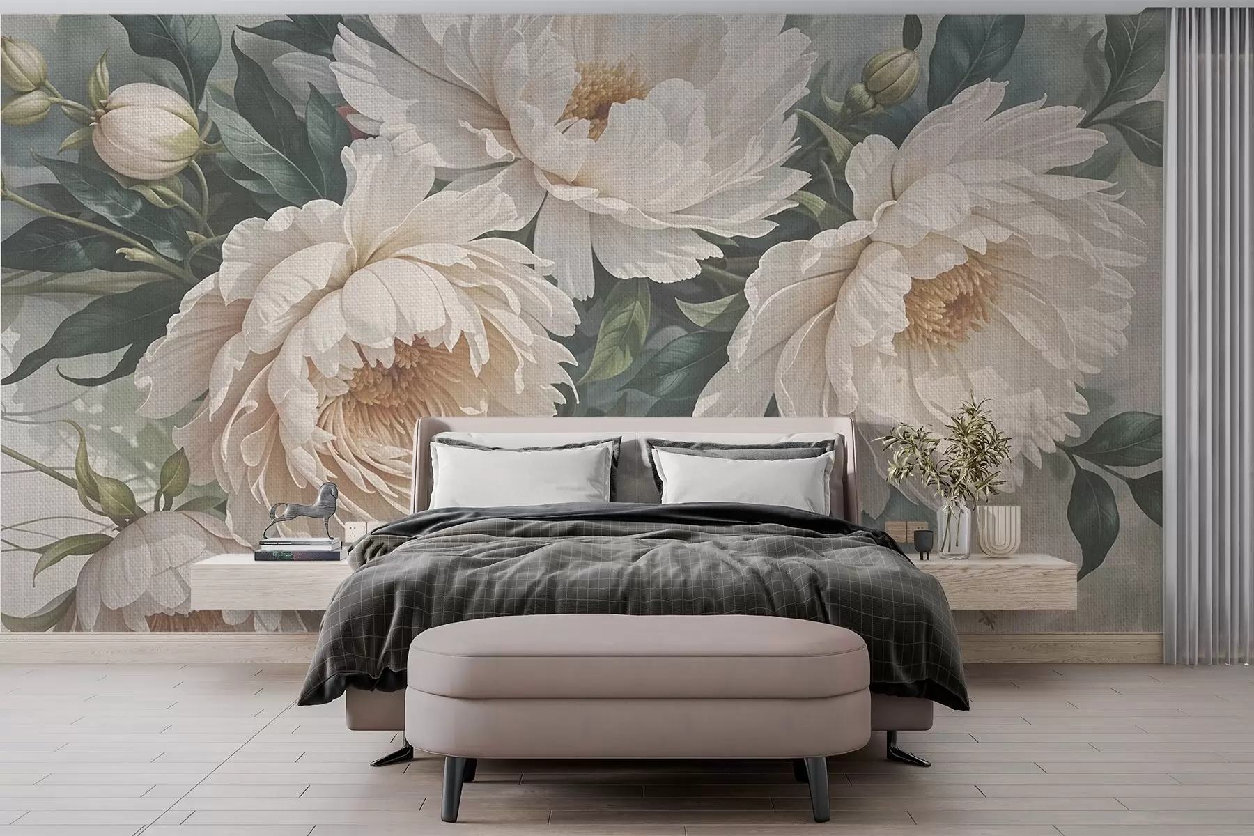 murales de pared Flores grandes de peonía blanca con textura y hojas verdes, un arreglo floral exuberante y romántico w08377