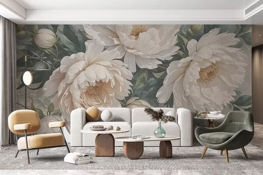murales de pared Flores grandes de peonía blanca con textura y hojas verdes, un arreglo floral exuberante y romántico w08377