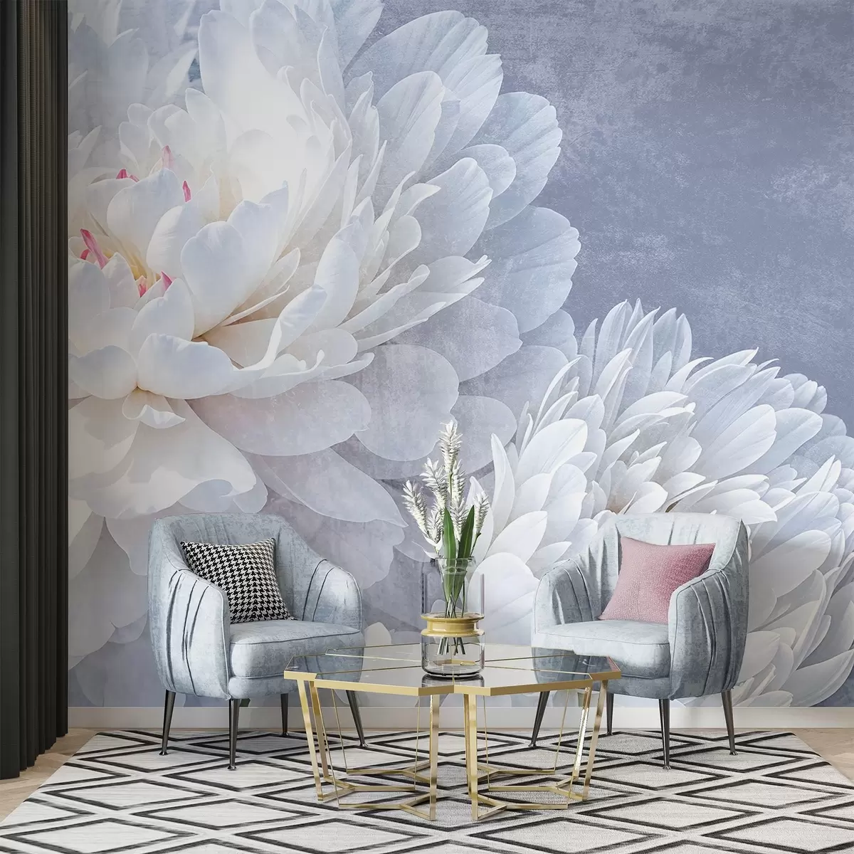 murales de pared Flores de peonía blancas con pétalos suaves y delicados sobre un fondo de textura azul pastel claro w08379