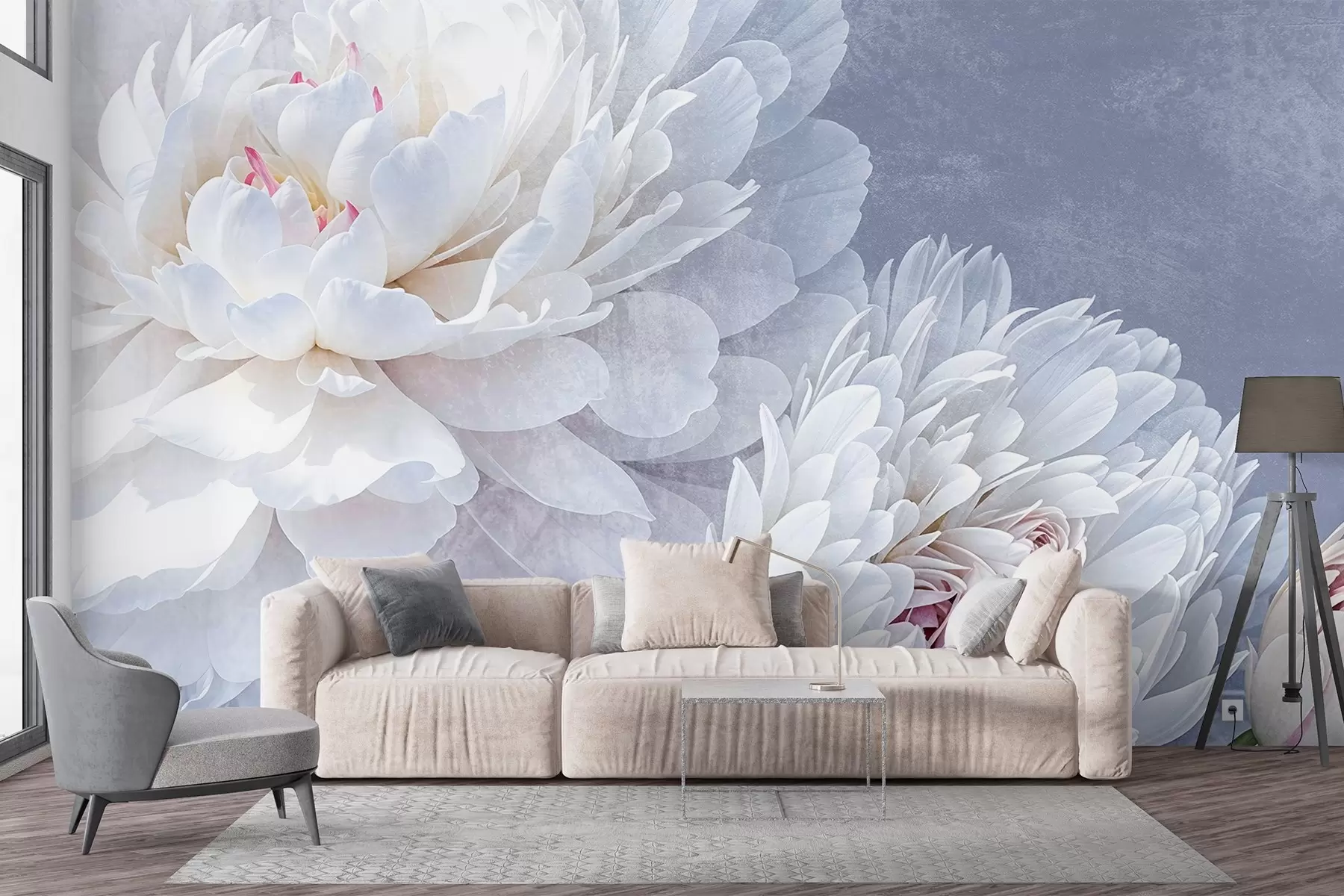 murales de pared Flores de peonía blancas con pétalos suaves y delicados sobre un fondo de textura azul pastel claro w08379
