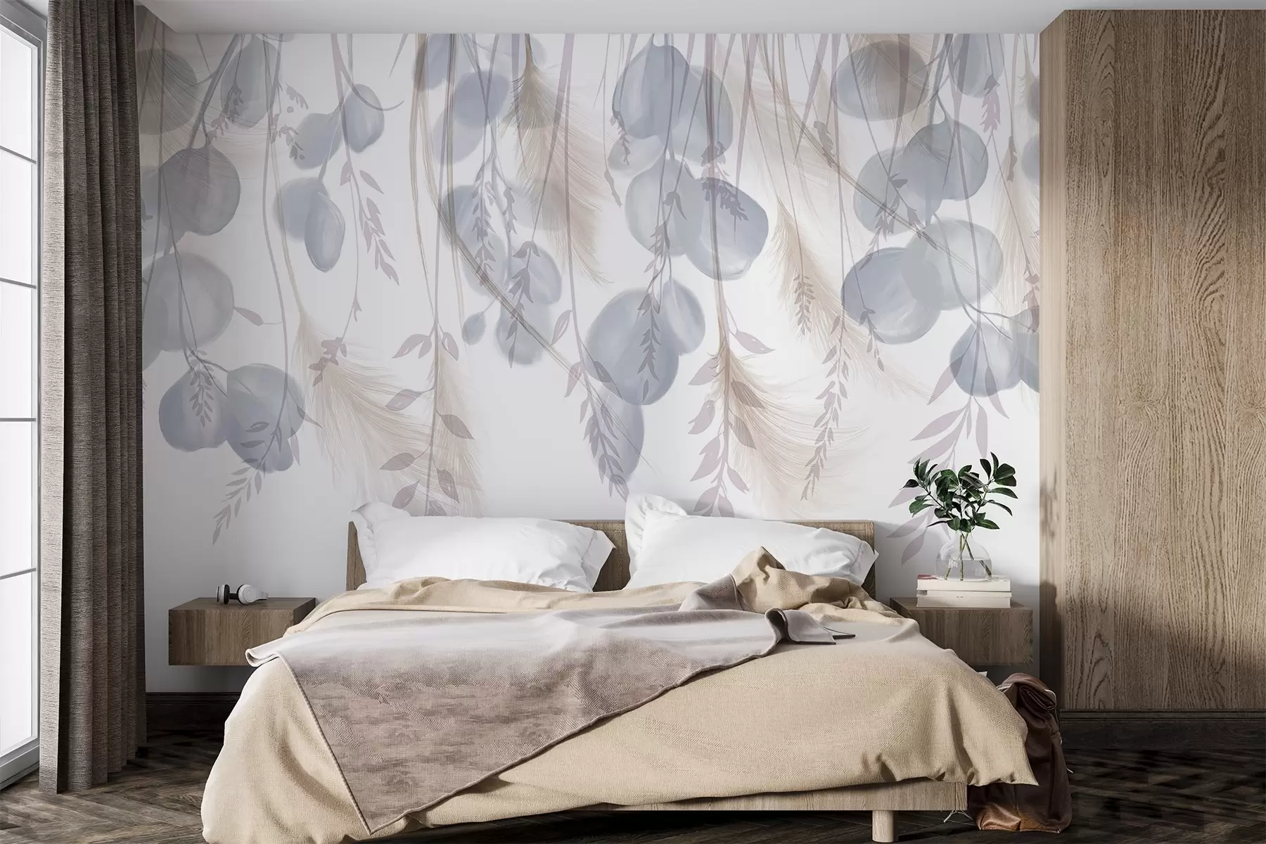 murales de pared Delicadas hojas de eucalipto azul y beige pastel cayendo, creando una atmósfera serena y tranquilizadora w08380v1