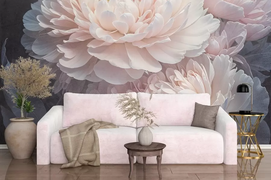 murales de pared Primer plano de dos grandes y delicadas peonías rosas con pétalos y hojas suaves y esponjosos sobre un fondo difuminado w08382