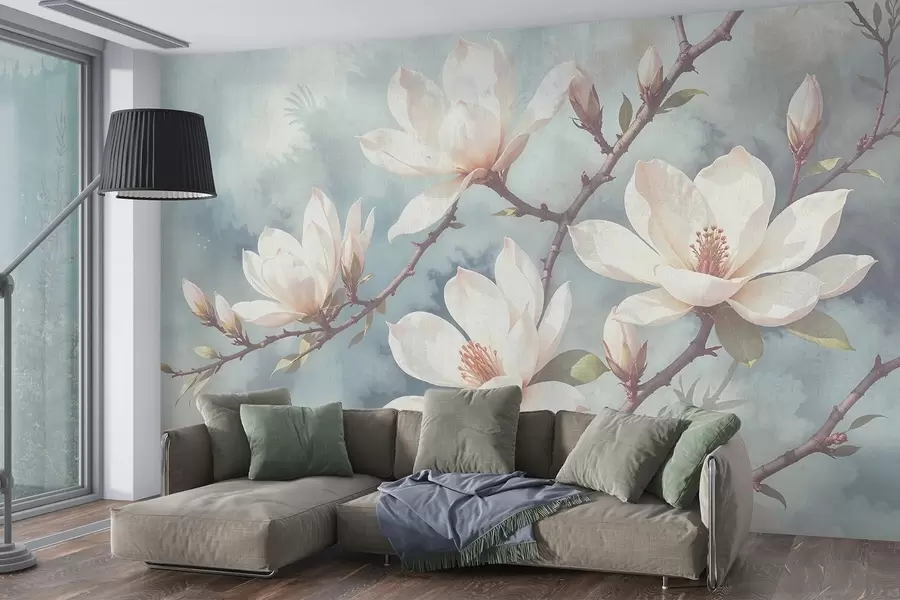 murales de pared Flores blancas de magnolia floreciendo en las ramas de los árboles sobre un fondo azul de textura suave y difuminada w08383