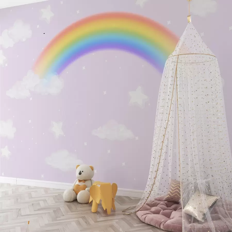 murales de pared Arco iris caprichoso entre nubes esponjosas w00013