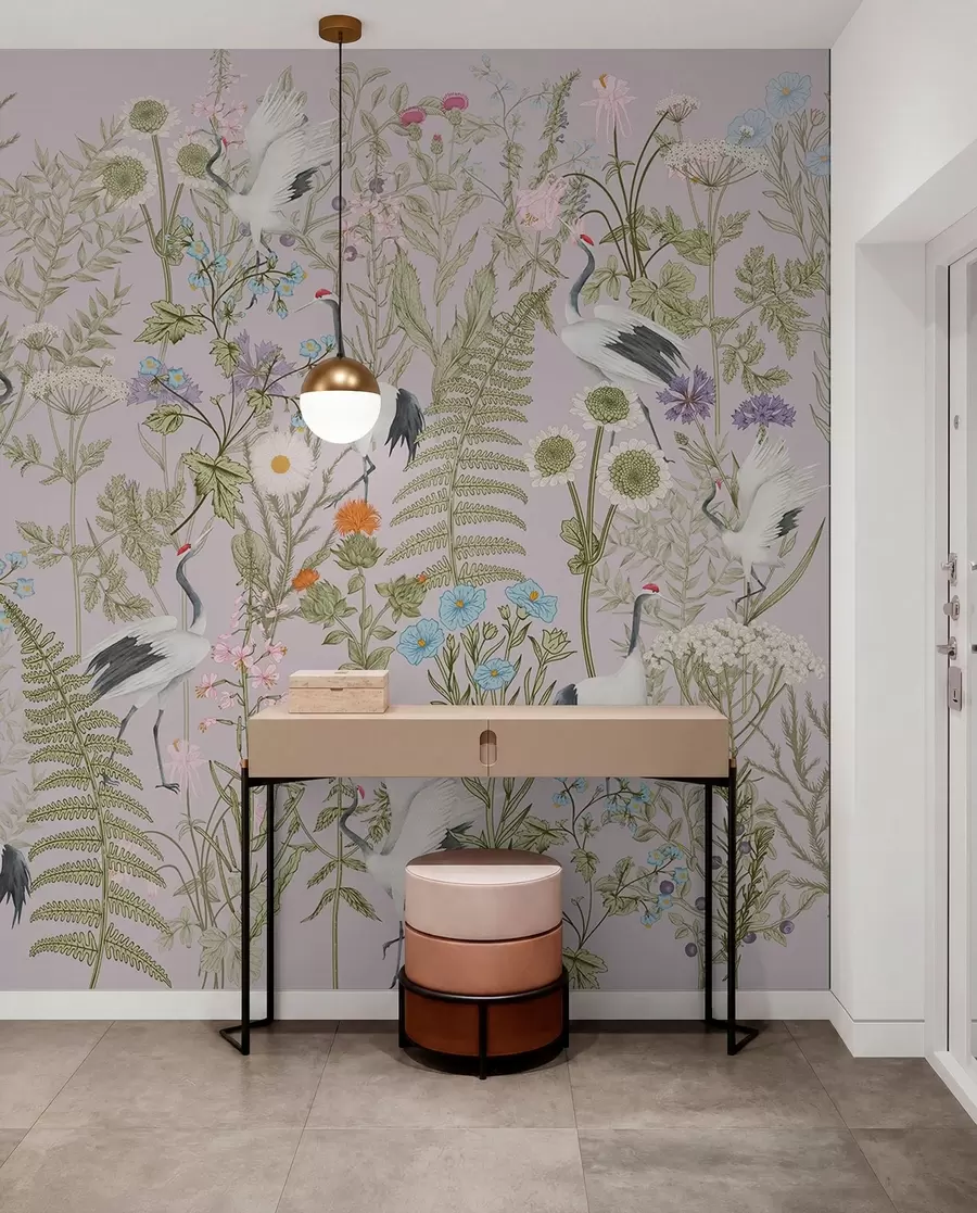 murales de pared Elegantes grullas entre flores vibrantes w00380v3