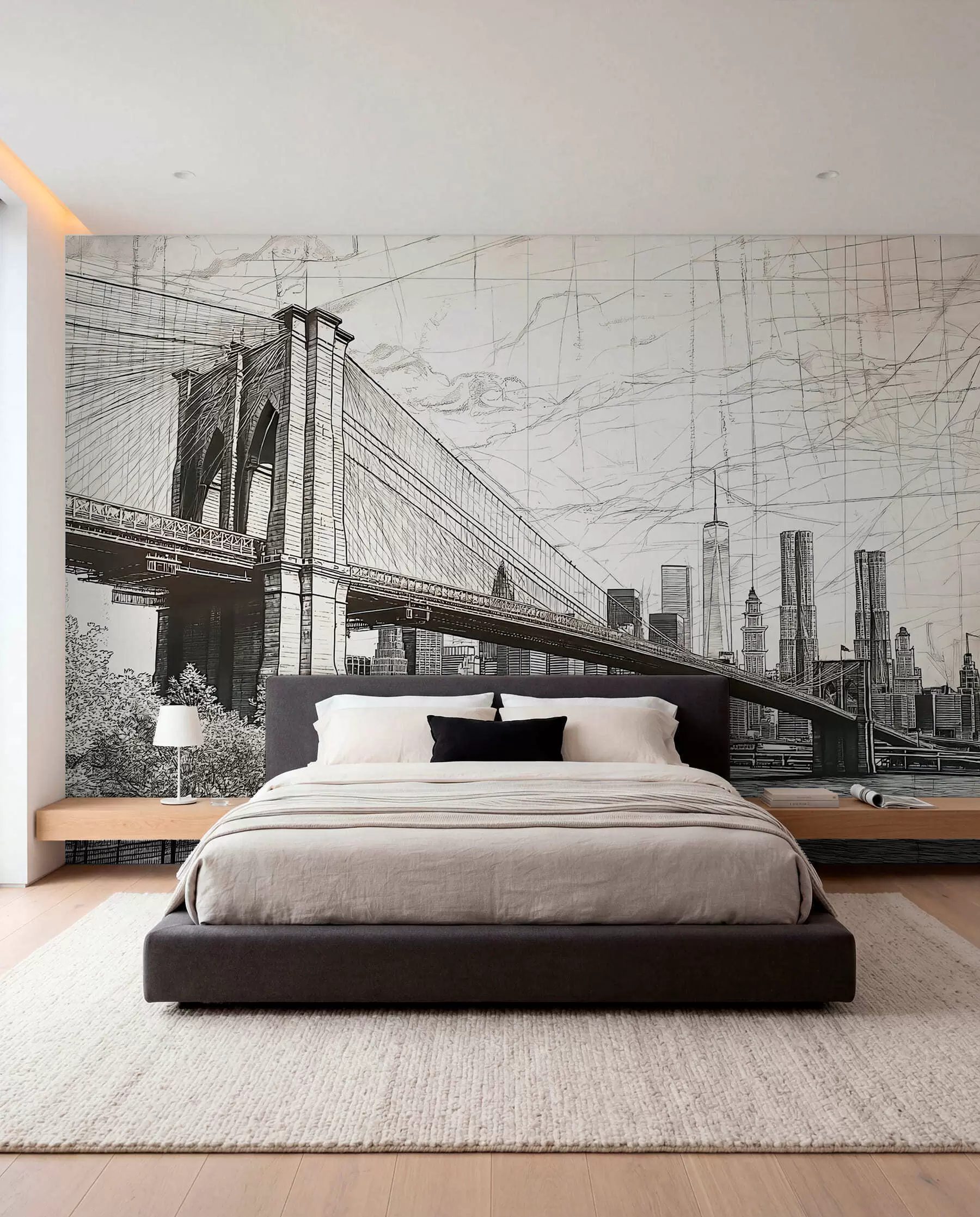 murales de pared Panorama del puente de Brooklyn realizado con una técnica retro abocetada con líneas y arañazos w01961