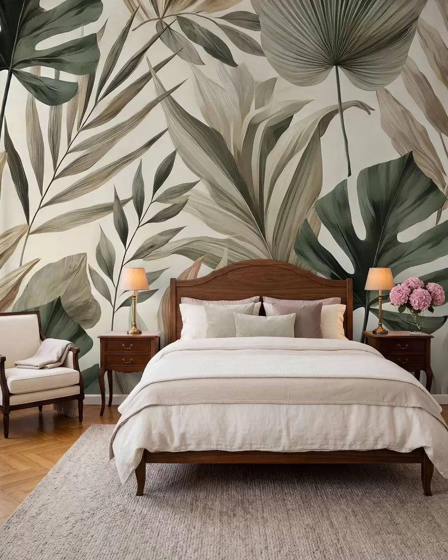 murales de pared Grandes hojas tropicales en delicados y sobrios tonos pastel w02082
