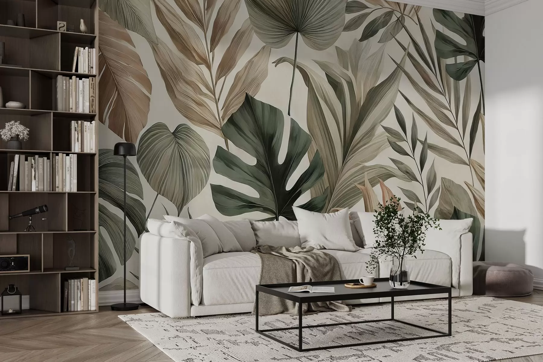 murales de pared Grandes hojas tropicales en delicados y sobrios tonos pastel w02082