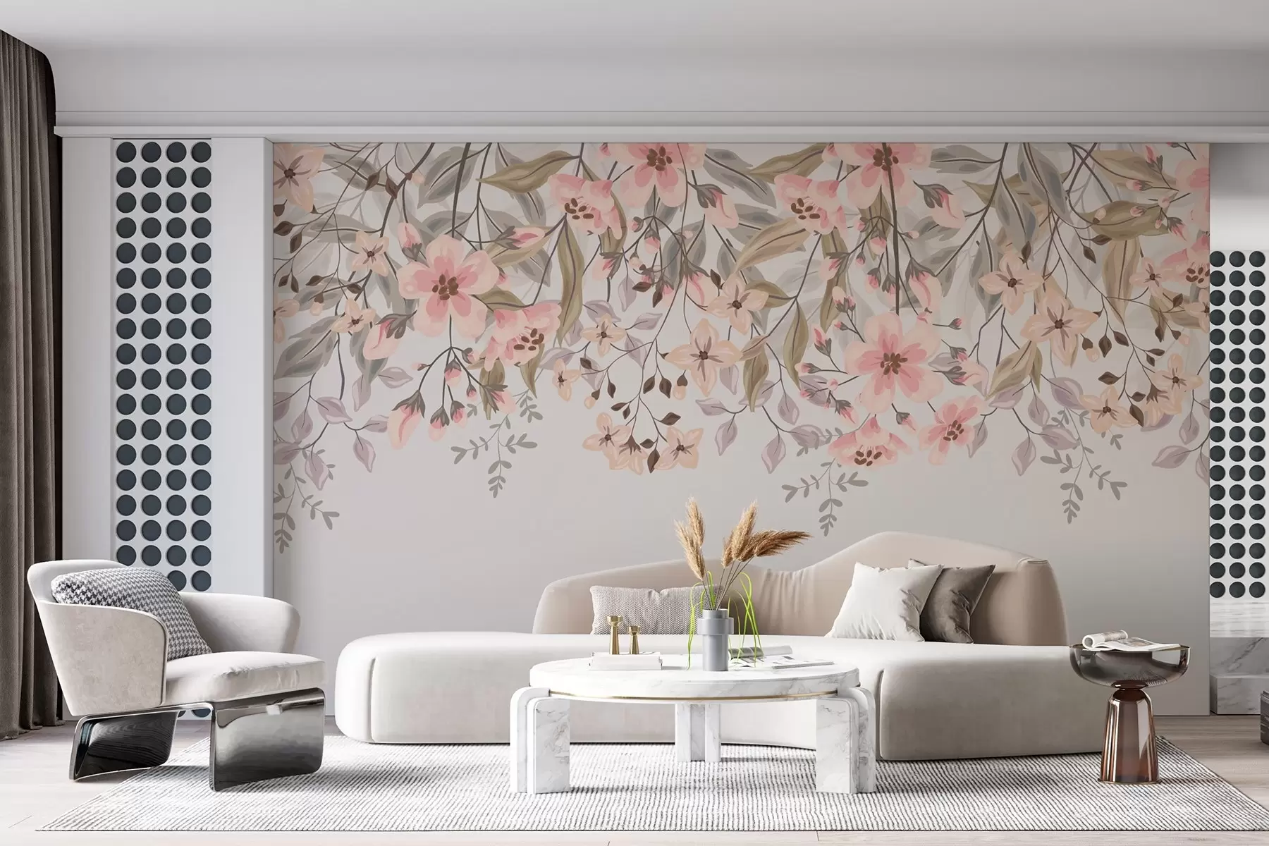 murales de pared flores y hojas sobre fondo beige w02096