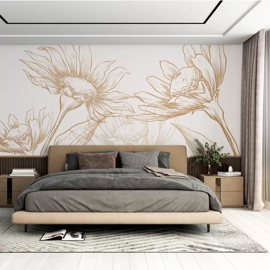 murales de pared Grandes flores de crisantemo, en líneas, en tonos marrones y amarillos w02099v1