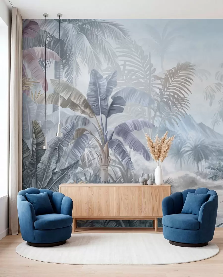 murales de pared Selva tropical en suaves tonos azules w01931