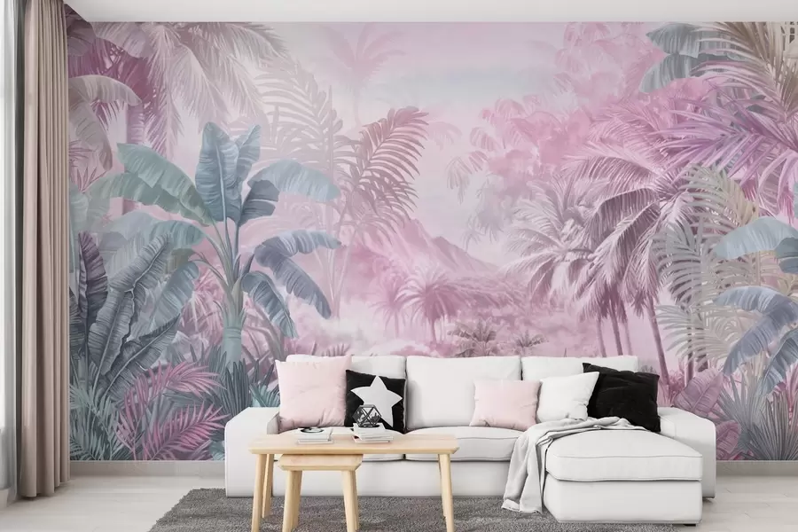 murales de pared Selva tropical en suaves tonos rosados w01931v3