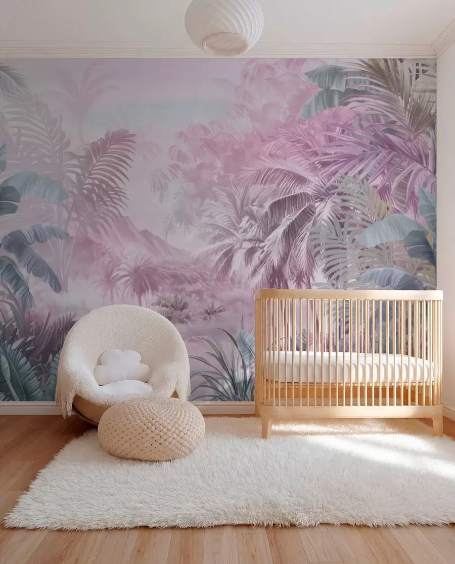 murales de pared Selva tropical en suaves tonos rosados w01931v3