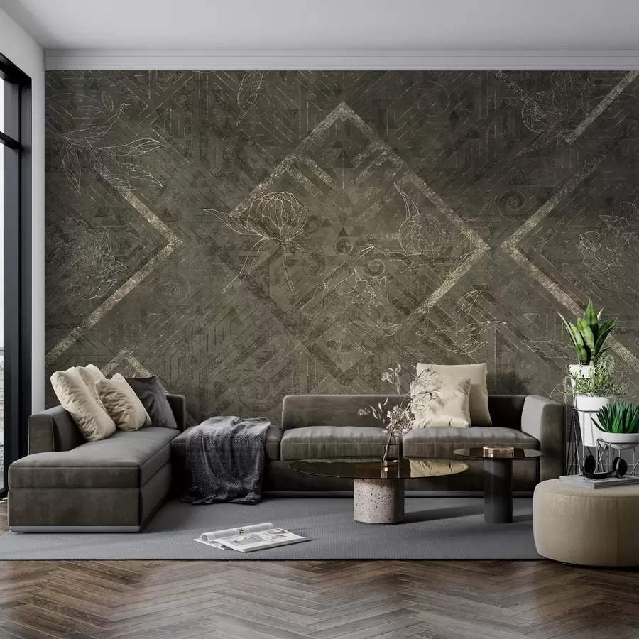 murales de pared Textura grunge con motivos florales en color amarillo w02079