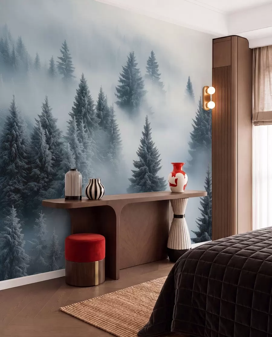 murales de pared Coníferas en la niebla azul w02064