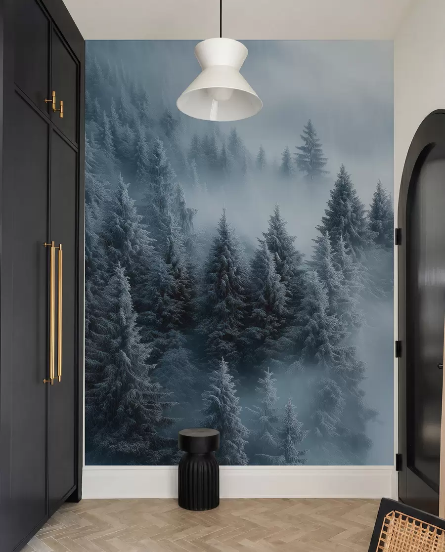 murales de pared Coníferas en la niebla azul w02064