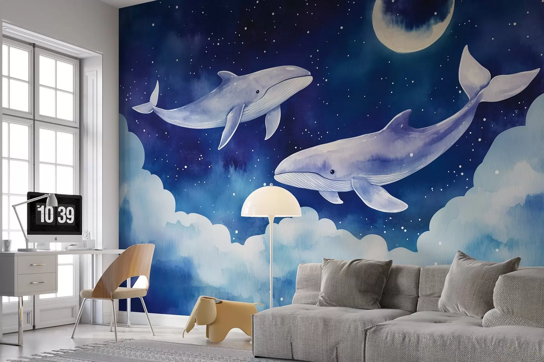 murales de pared Ballenas en acuarela nadando en un cielo nocturno estrellado con nubes azules w02070